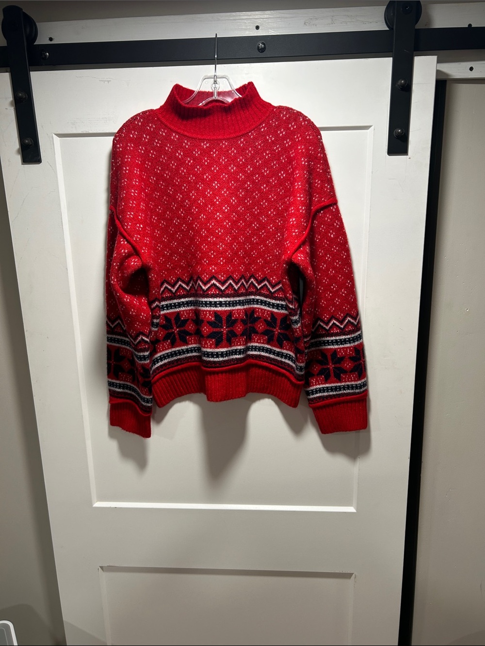 Marled Red Fair Isle Cowl Neck Sweater with Black & White Accents